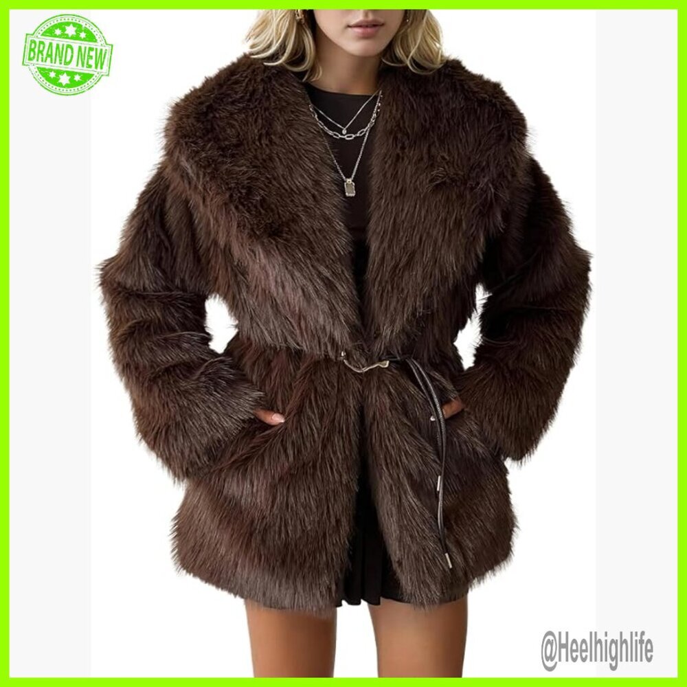 Women's Mid-Length Faux Fur Coat Winter Warm Fuzzy Jacket Lapel Luxury